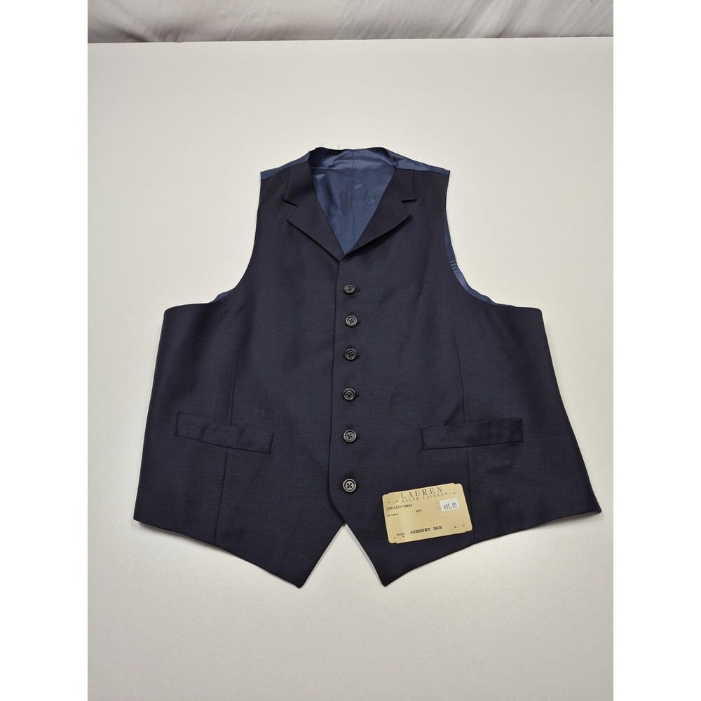 Lauren Ralph Lauren Suit Vest Mens 42 Blue 100% Wool 6 Button Belted 3 Piece NWT
